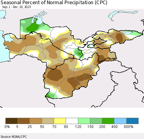 Central Asia Seasonal Percent of Normal Precipitation (CPC) Thematic Map For 9/1/2023 - 12/10/2023