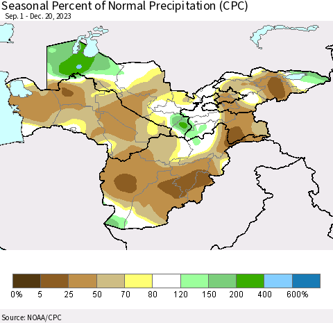 Central Asia Seasonal Percent of Normal Precipitation (CPC) Thematic Map For 9/1/2023 - 12/20/2023