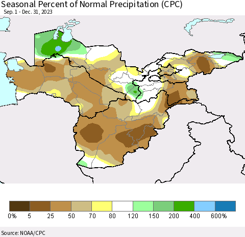 Central Asia Seasonal Percent of Normal Precipitation (CPC) Thematic Map For 9/1/2023 - 12/31/2023