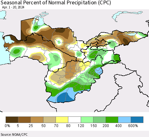Central Asia Seasonal Percent of Normal Precipitation (CPC) Thematic Map For 4/1/2024 - 4/20/2024