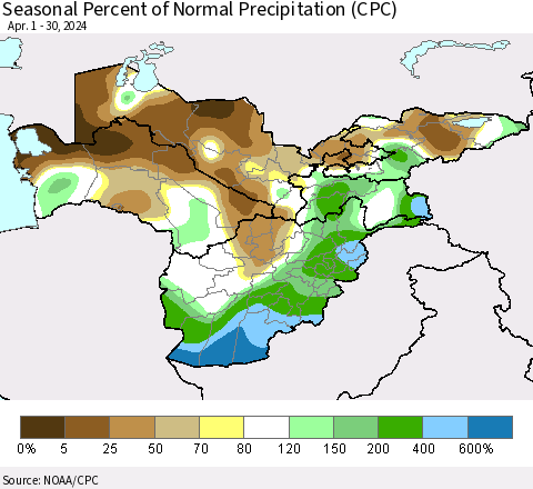 Central Asia Seasonal Percent of Normal Precipitation (CPC) Thematic Map For 4/1/2024 - 4/30/2024