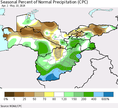 Central Asia Seasonal Percent of Normal Precipitation (CPC) Thematic Map For 4/1/2024 - 5/10/2024