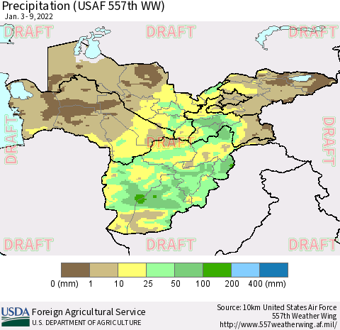 Central Asia Precipitation (USAF 557th WW) Thematic Map For 1/3/2022 - 1/9/2022