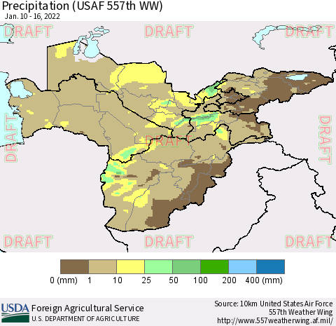 Central Asia Precipitation (USAF 557th WW) Thematic Map For 1/10/2022 - 1/16/2022