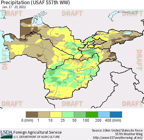 Central Asia Precipitation (USAF 557th WW) Thematic Map For 1/17/2022 - 1/23/2022