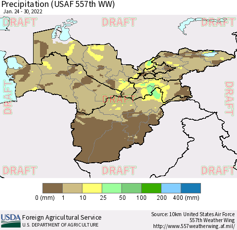 Central Asia Precipitation (USAF 557th WW) Thematic Map For 1/24/2022 - 1/30/2022