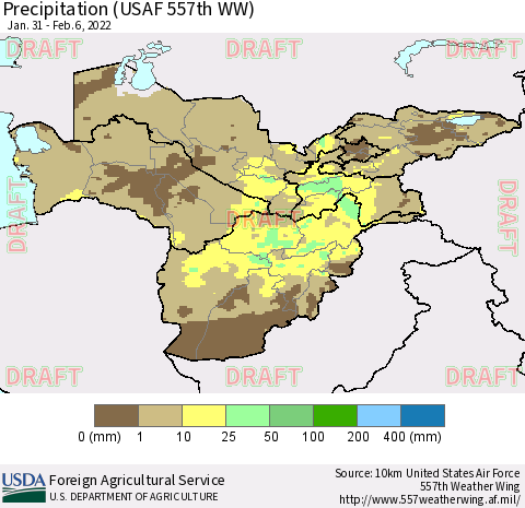 Central Asia Precipitation (USAF 557th WW) Thematic Map For 1/31/2022 - 2/6/2022