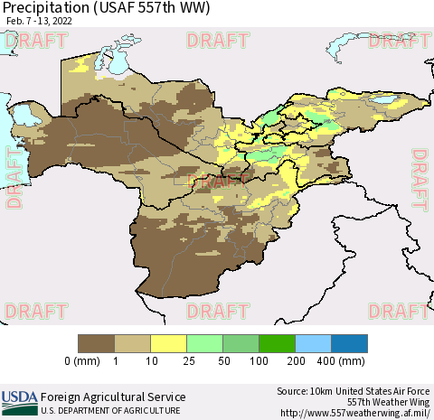 Central Asia Precipitation (USAF 557th WW) Thematic Map For 2/7/2022 - 2/13/2022