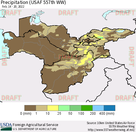 Central Asia Precipitation (USAF 557th WW) Thematic Map For 2/14/2022 - 2/20/2022