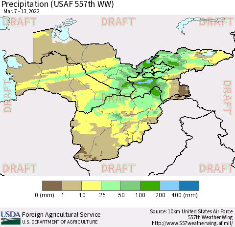 Central Asia Precipitation (USAF 557th WW) Thematic Map For 3/7/2022 - 3/13/2022