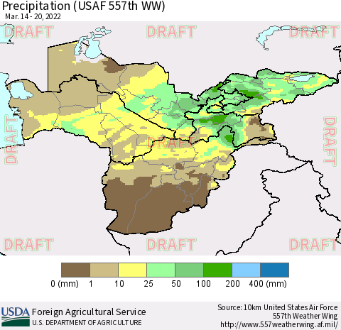 Central Asia Precipitation (USAF 557th WW) Thematic Map For 3/14/2022 - 3/20/2022