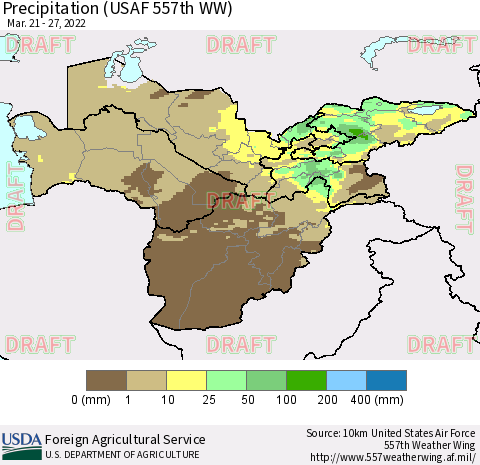 Central Asia Precipitation (USAF 557th WW) Thematic Map For 3/21/2022 - 3/27/2022