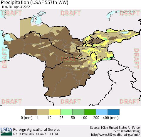 Central Asia Precipitation (USAF 557th WW) Thematic Map For 3/28/2022 - 4/3/2022