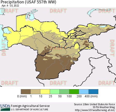 Central Asia Precipitation (USAF 557th WW) Thematic Map For 4/4/2022 - 4/10/2022