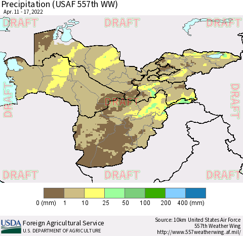 Central Asia Precipitation (USAF 557th WW) Thematic Map For 4/11/2022 - 4/17/2022