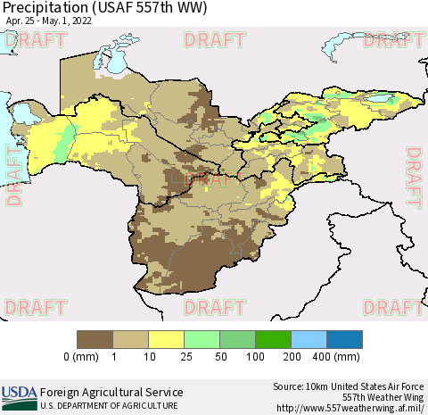 Central Asia Precipitation (USAF 557th WW) Thematic Map For 4/25/2022 - 5/1/2022
