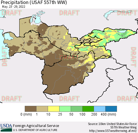 Central Asia Precipitation (USAF 557th WW) Thematic Map For 5/23/2022 - 5/29/2022