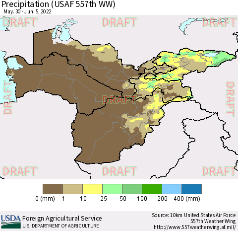 Central Asia Precipitation (USAF 557th WW) Thematic Map For 5/30/2022 - 6/5/2022