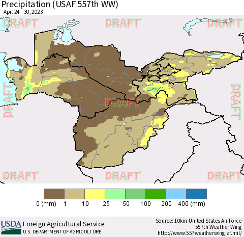 Central Asia Precipitation (USAF 557th WW) Thematic Map For 4/24/2023 - 4/30/2023