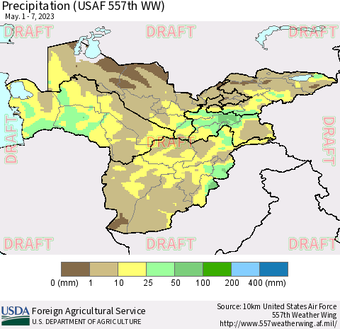 Central Asia Precipitation (USAF 557th WW) Thematic Map For 5/1/2023 - 5/7/2023
