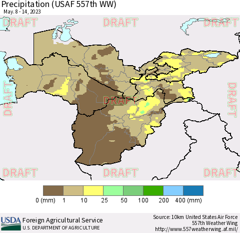 Central Asia Precipitation (USAF 557th WW) Thematic Map For 5/8/2023 - 5/14/2023