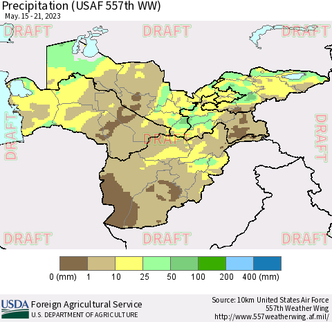 Central Asia Precipitation (USAF 557th WW) Thematic Map For 5/15/2023 - 5/21/2023