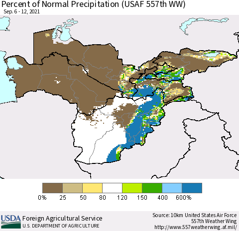 Central Asia Percent of Normal Precipitation (USAF 557th WW) Thematic Map For 9/6/2021 - 9/12/2021