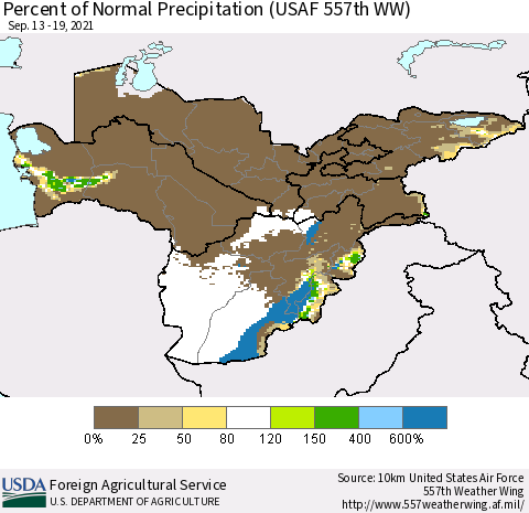 Central Asia Percent of Normal Precipitation (USAF 557th WW) Thematic Map For 9/13/2021 - 9/19/2021