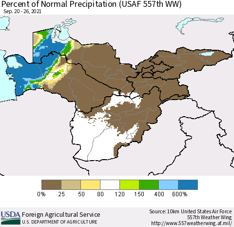 Central Asia Percent of Normal Precipitation (USAF 557th WW) Thematic Map For 9/20/2021 - 9/26/2021