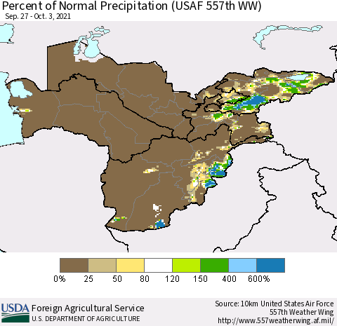 Central Asia Percent of Normal Precipitation (USAF 557th WW) Thematic Map For 9/27/2021 - 10/3/2021