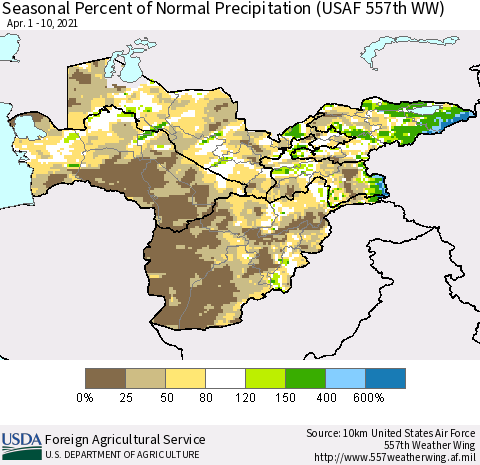 Central Asia Seasonal Percent of Normal Precipitation (USAF 557th WW) Thematic Map For 4/1/2021 - 4/10/2021