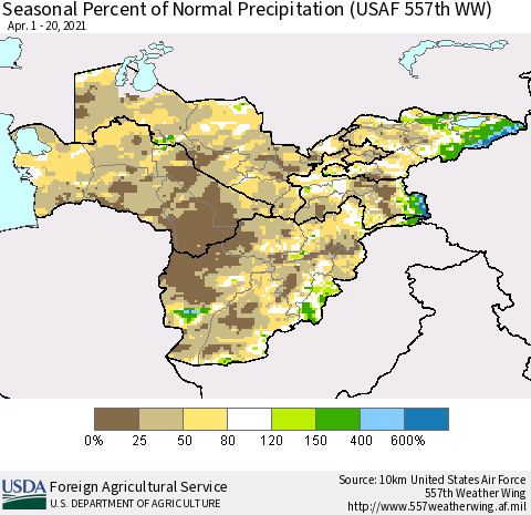 Central Asia Seasonal Percent of Normal Precipitation (USAF 557th WW) Thematic Map For 4/1/2021 - 4/20/2021