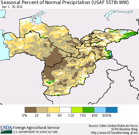 Central Asia Seasonal Percent of Normal Precipitation (USAF 557th WW) Thematic Map For 4/1/2021 - 4/30/2021