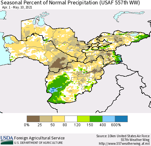 Central Asia Seasonal Percent of Normal Precipitation (USAF 557th WW) Thematic Map For 4/1/2021 - 5/10/2021