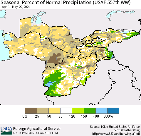 Central Asia Seasonal Percent of Normal Precipitation (USAF 557th WW) Thematic Map For 4/1/2021 - 5/20/2021