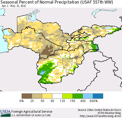 Central Asia Seasonal Percent of Normal Precipitation (USAF 557th WW) Thematic Map For 4/1/2021 - 5/31/2021