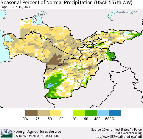 Central Asia Seasonal Percent of Normal Precipitation (USAF 557th WW) Thematic Map For 4/1/2021 - 6/10/2021