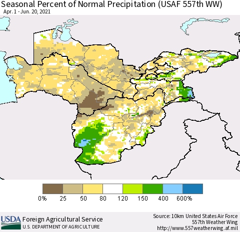 Central Asia Seasonal Percent of Normal Precipitation (USAF 557th WW) Thematic Map For 4/1/2021 - 6/20/2021