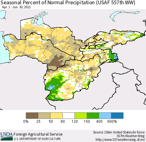 Central Asia Seasonal Percent of Normal Precipitation (USAF 557th WW) Thematic Map For 4/1/2021 - 6/30/2021