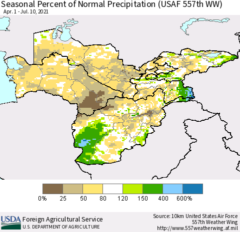 Central Asia Seasonal Percent of Normal Precipitation (USAF 557th WW) Thematic Map For 4/1/2021 - 7/10/2021