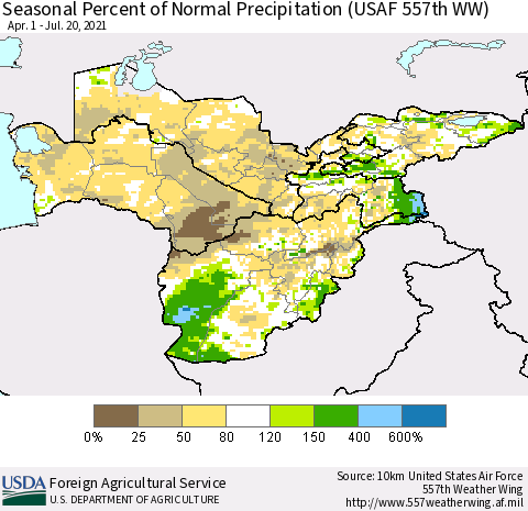 Central Asia Seasonal Percent of Normal Precipitation (USAF 557th WW) Thematic Map For 4/1/2021 - 7/20/2021