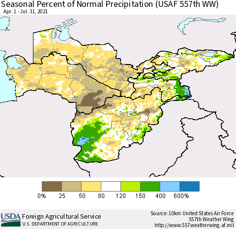 Central Asia Seasonal Percent of Normal Precipitation (USAF 557th WW) Thematic Map For 4/1/2021 - 7/31/2021