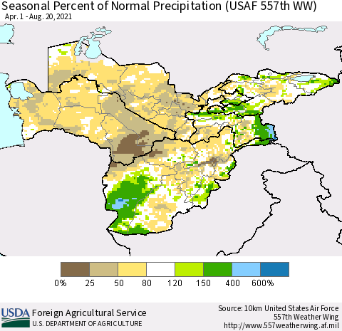Central Asia Seasonal Percent of Normal Precipitation (USAF 557th WW) Thematic Map For 4/1/2021 - 8/20/2021
