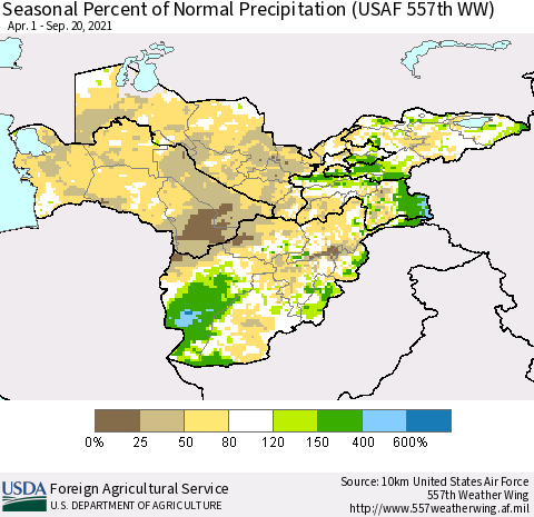 Central Asia Seasonal Percent of Normal Precipitation (USAF 557th WW) Thematic Map For 4/1/2021 - 9/20/2021
