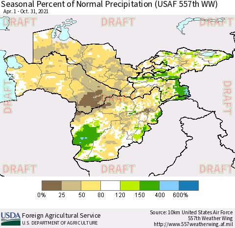 Central Asia Seasonal Percent of Normal Precipitation (USAF 557th WW) Thematic Map For 4/1/2021 - 10/31/2021