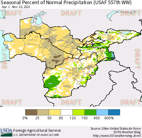 Central Asia Seasonal Percent of Normal Precipitation (USAF 557th WW) Thematic Map For 4/1/2021 - 11/10/2021