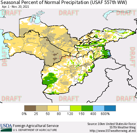 Central Asia Seasonal Percent of Normal Precipitation (USAF 557th WW) Thematic Map For 4/1/2021 - 11/20/2021