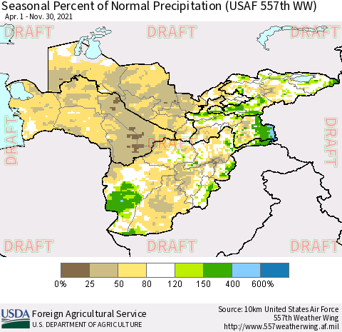 Central Asia Seasonal Percent of Normal Precipitation (USAF 557th WW) Thematic Map For 4/1/2021 - 11/30/2021
