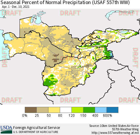 Central Asia Seasonal Percent of Normal Precipitation (USAF 557th WW) Thematic Map For 4/1/2021 - 12/10/2021