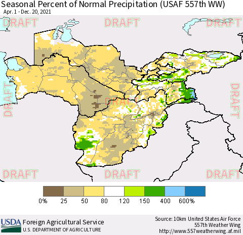 Central Asia Seasonal Percent of Normal Precipitation (USAF 557th WW) Thematic Map For 4/1/2021 - 12/20/2021